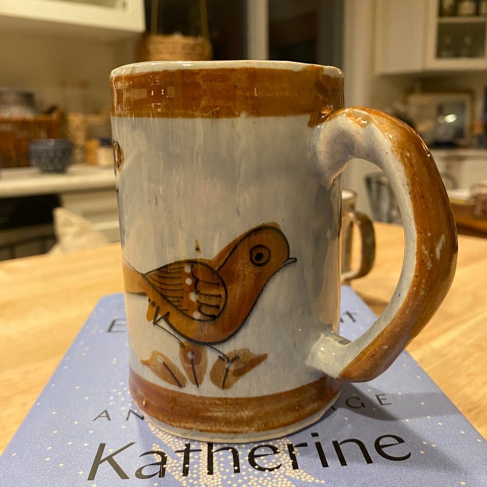 Vintage Signed Tonala Mexico Pottery Coffee Mug Blue & Brown Bird